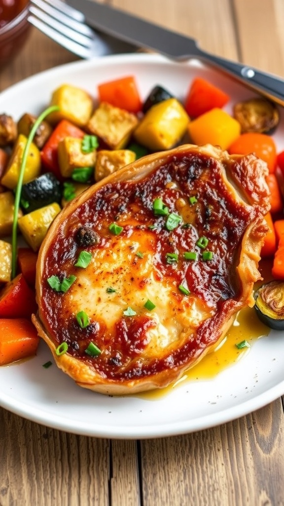 Crispy Air Fryer Pork Chops Recipe Crispy air fryer pork chops garnished with herbs, served with roasted vegetables on a rustic table.
